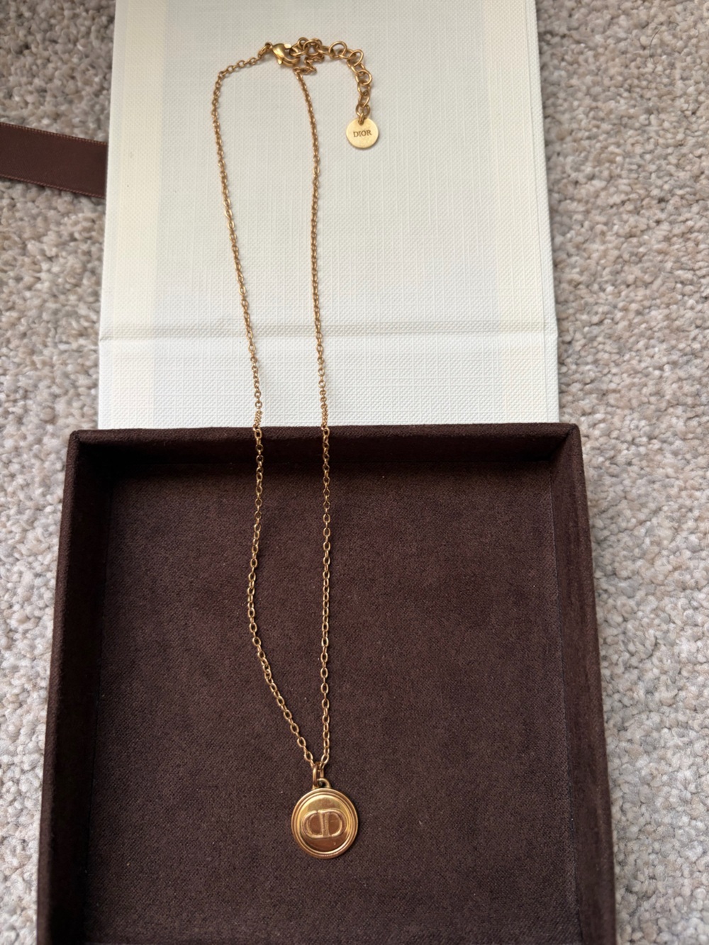 Dior Gold Tone Signature CD Logo Embossed Round Pendant Necklace